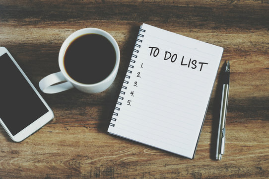 An image of a to do list, with a coffee mug